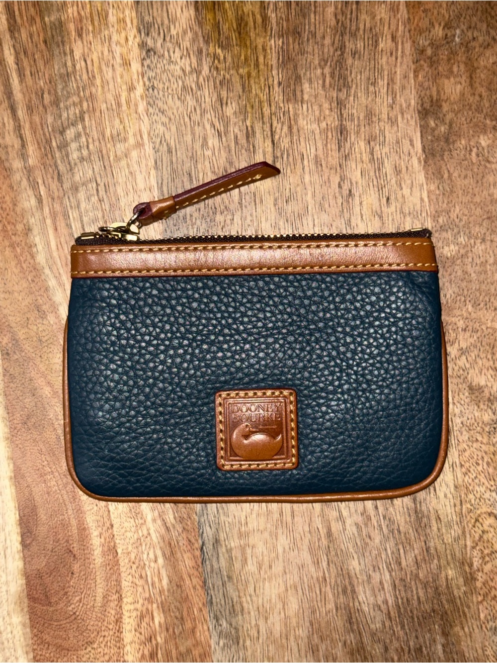 Dooney & Bourke Teal Pebbled Leather Coin Pouch with Brown Trim